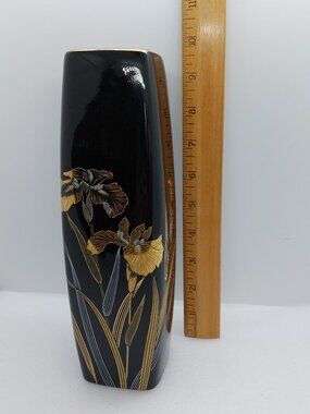 Vintage Japan Black 9 1/2" Vase With Gold Floral Design